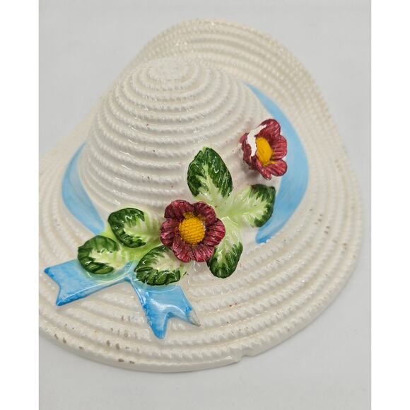 Vintage Ceramic Bonnet Wall Pocket with Blue Ribbon & Flowers - Picture 2 of 6